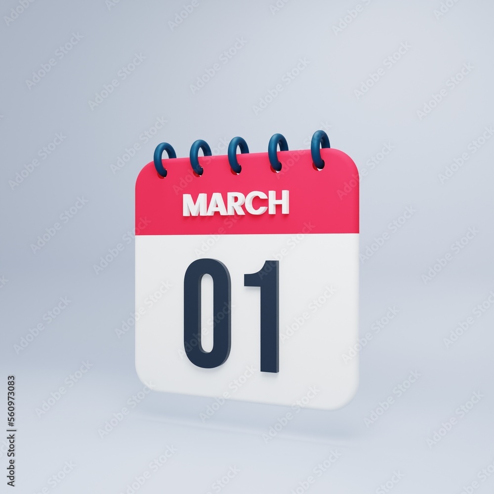 March Realistic Calendar Icon 3D Illustration Date March 01 March Realistic Calendar Icon 3D Illustration Date March 01