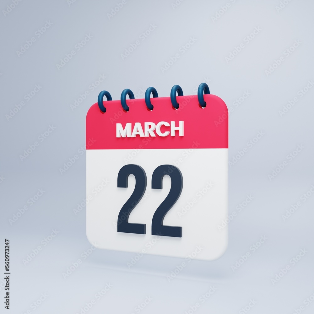 March Realistic Calendar Icon 3D Illustration Date March 22 March Realistic Calendar Icon 3D Illustration Date March 22