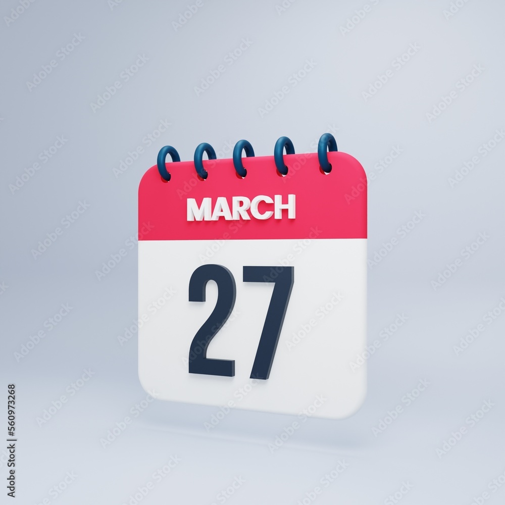 March Realistic Calendar Icon 3D Illustration Date March 27 March Realistic Calendar Icon 3D Illustration Date March 27