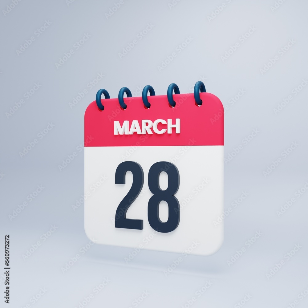 March Realistic Calendar Icon 3D Illustration Date March 28 March Realistic Calendar Icon 3D Illustration Date March 28