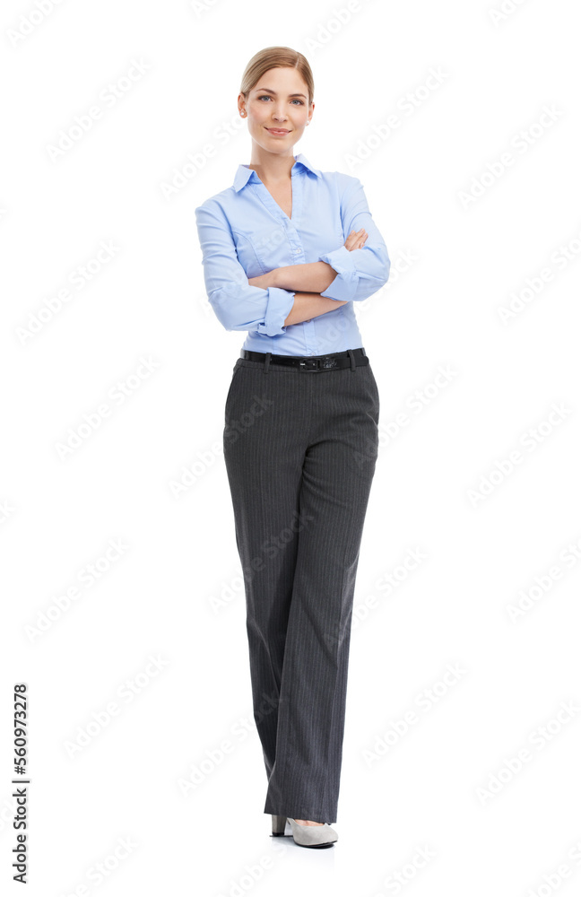 Business woman, full body portrait and confident smile with vision, leadership and motivation on white background. Corporate fashion, professional confidence and happy woman boss standing in studio. Business woman, full body portrait and confident smile with vision, leadership and motivation on white background. Corporate fashion, professional confidence and happy woman boss standing in studio.