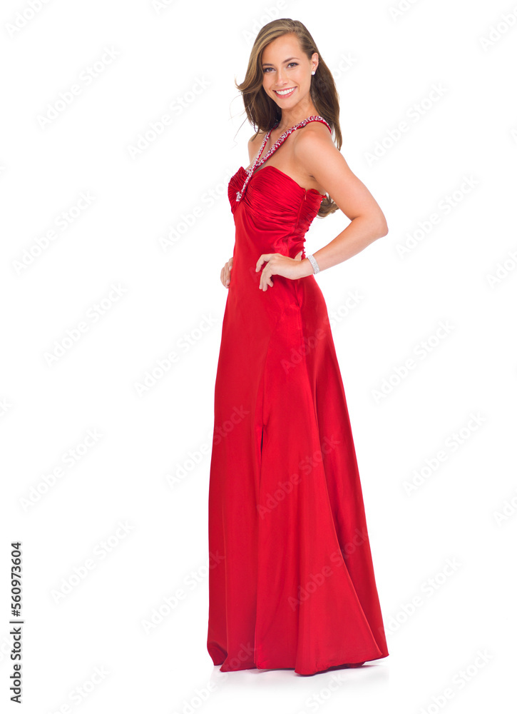Elegant, prom and portrait of a woman in a red dress for an event isolated on a white background in a studio. Happy, fashion and model in a silk ball gown for a celebration on a studio background