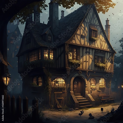 Old inn waiting for guests. Fantasy world building concept. Generative ai. © FantasyEmporium