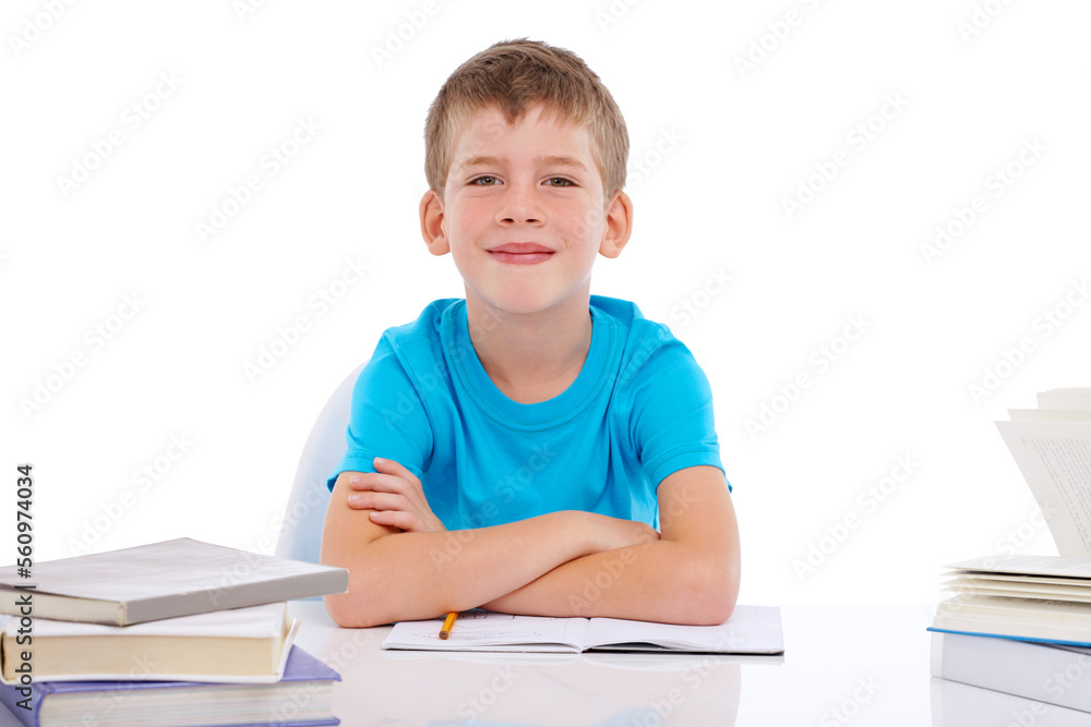 Portrait, school and education with a boy student in studio isolated on a white background for learning or to study. Children, books and mockup with a male pupil sitting at his desk in a classroom Portrait, school and education with a boy student in studio isolated on a white background for learning or to study. Children, books and mockup with a male pupil sitting at his desk in a classroom