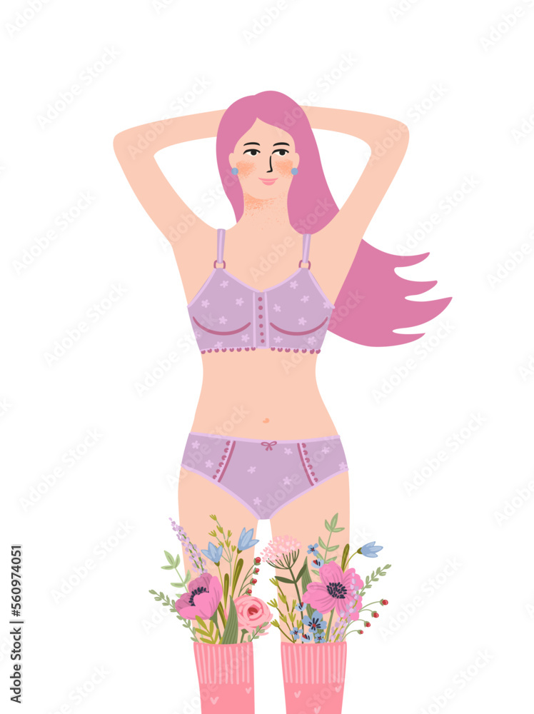Isolated illustration of a woman with flowers. Concept for International Women s Day and other