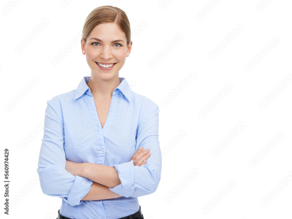 Leadership, arms crossed and portrait of business woman in studio on white background mock up. Face, boss and smile of happy, confident and proud female from Canada with vision and success mindset. Leadership, arms crossed and portrait of business woman in studio on white background mock up. Face, boss and smile of happy, confident and proud female from Canada with vision and success mindset.