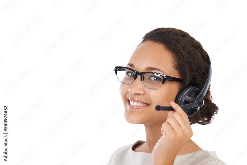 Black woman, studio headshot and call center headphones with smile, communication and white background. Isolated crm consultant, contact us and woman for customer support, microphone and success