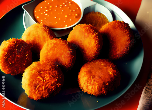 Des croquettes de viande frites accompagnées d'une sauce pour tremper photo