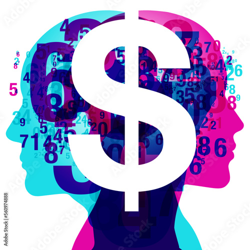 2 back-to-back figure silhouettes overlaid with semi-transparent numbers. Centrally positioned is a large white “Dollar” currency symbol.
