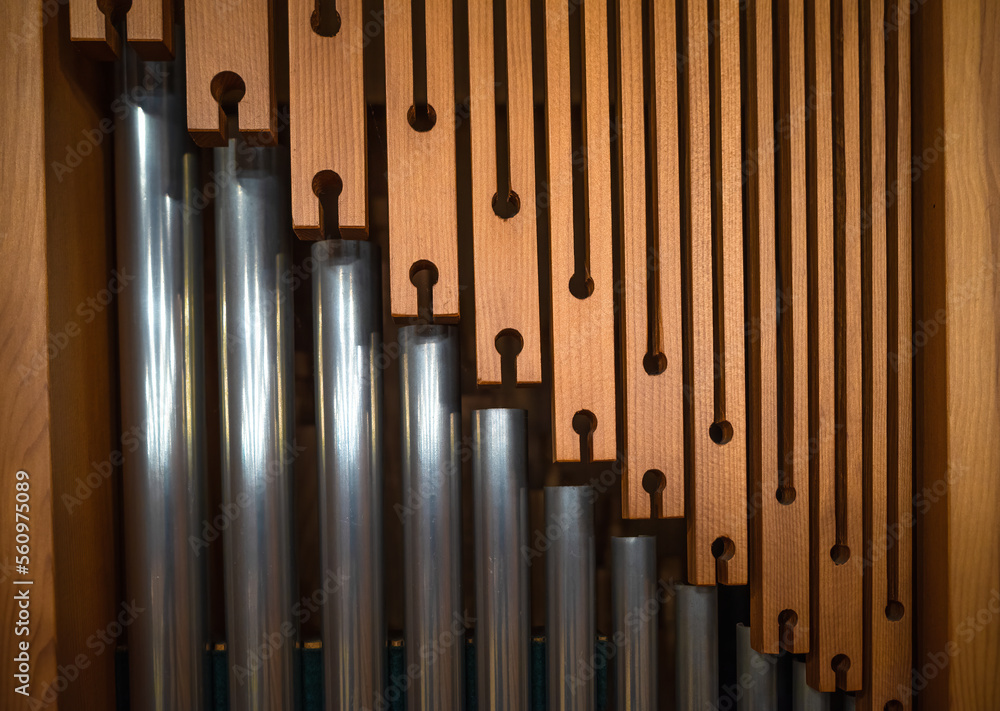 Close-up of the pipes of a small church organ Close-up of the pipes of a small church organ