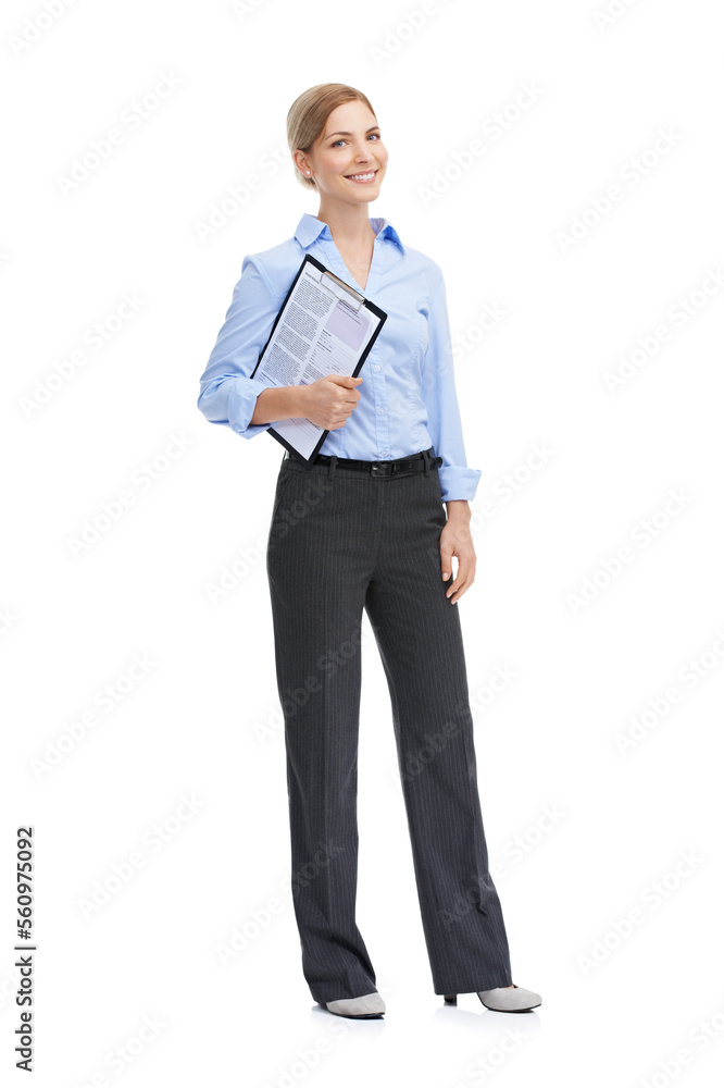 Portrait, documents and review with a business woman in studio on a white background holding a contract or survey. Clipboard, research and agenda with a female employee holding paperwork for kpi Portrait, documents and review with a business woman in studio on a white background holding a contract or survey. Clipboard, research and agenda with a female employee holding paperwork for kpi