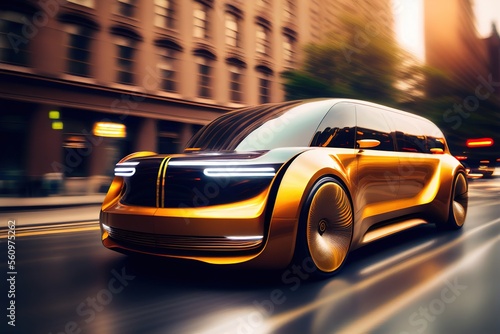 Luxury futuristic electric taxi riding at the city street, blurred in motion. Generative art