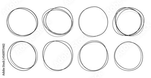 Hand drawn grunge doodle round circles vector shape collection isolated on a white background. Scribble circle line sketch design element for message note mark, draft illustration, graffiti bubble