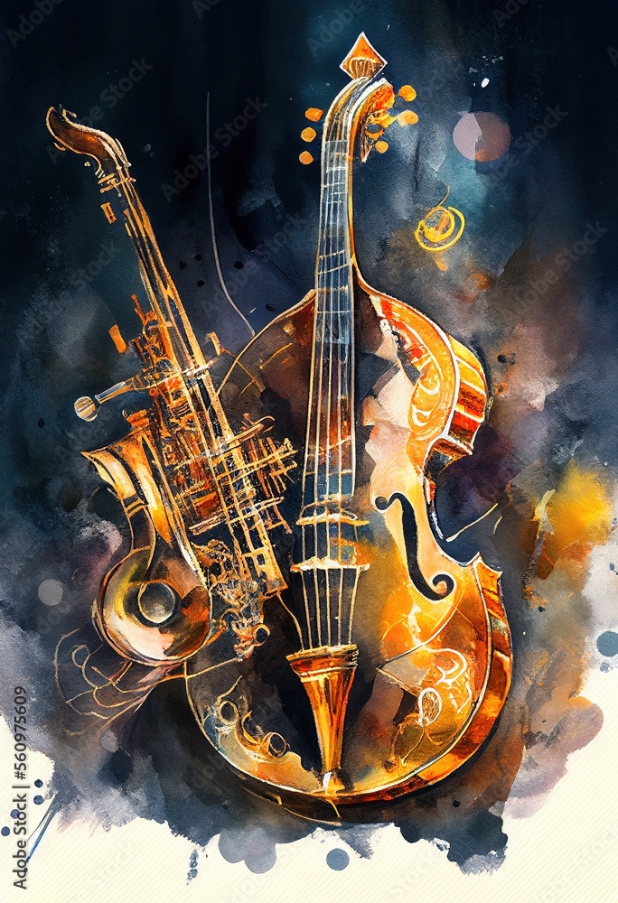 Musician instruments. Beautiful abstract painting in grunge style. Generative art