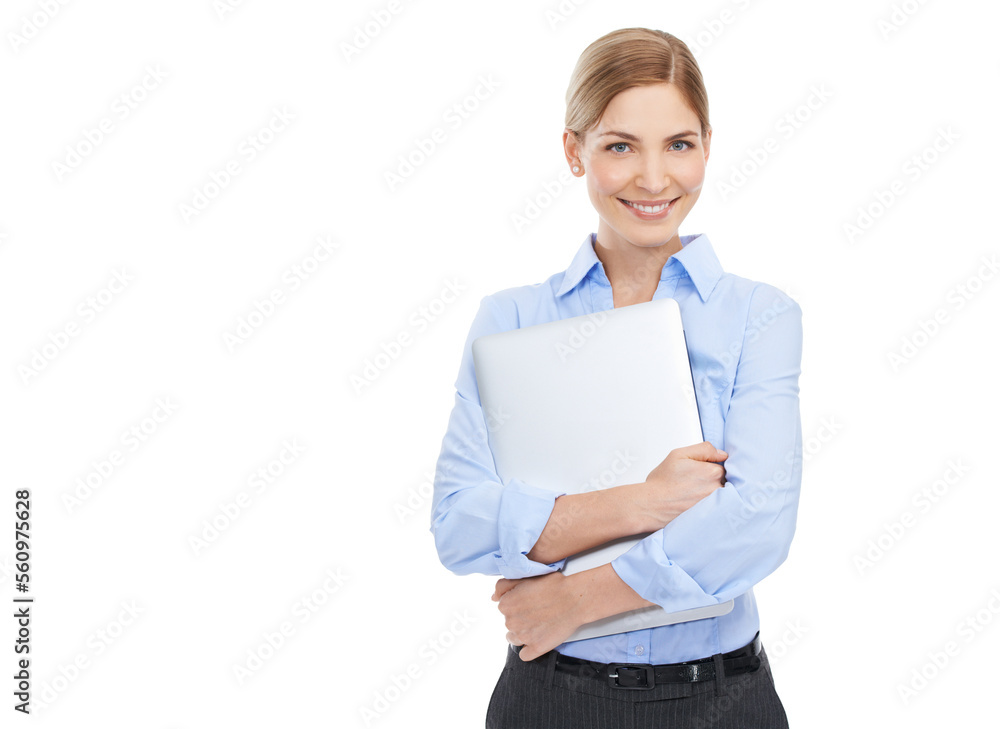 Business woman with laptop in professional portrait, technology and internet network on white background. Company communication, email and work, employee and happy corporate female with tech mockup Business woman with laptop in professional portrait, technology and internet network on white background. Company communication, email and work, employee and happy corporate female with tech mockup