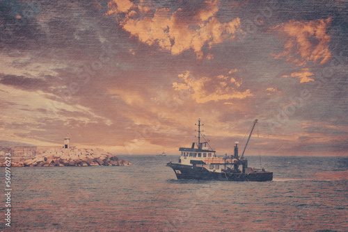 View of a fishing boat returning from the sea to land at sunset and a view of the small harbor, lighthouse and gorgeous crimson sky.	