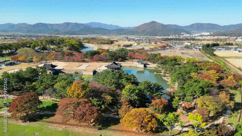 Gyeongju: Aerial view of city in South Korea, Donggung Palace & Wolji Pond, trees in autumn colors - landscape panorama of East Asia from above Gyeongju: Aerial view of city in South Korea, Donggung Palace & Wolji Pond, trees in autumn colors - landscape panorama of East Asia from above