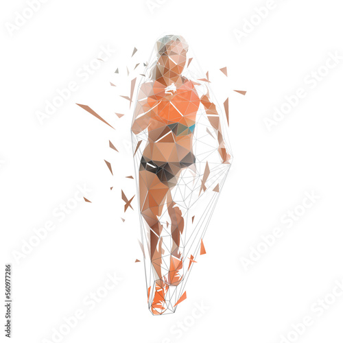 Running woman, front view. Abstract low polygonal isolated vector illustration. Geometric female marathon runner from triangles