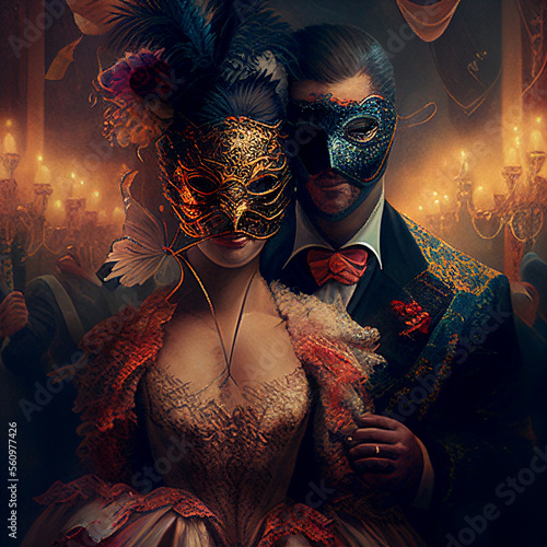 Dancing people at masquerade ball. People in masquerade masks..