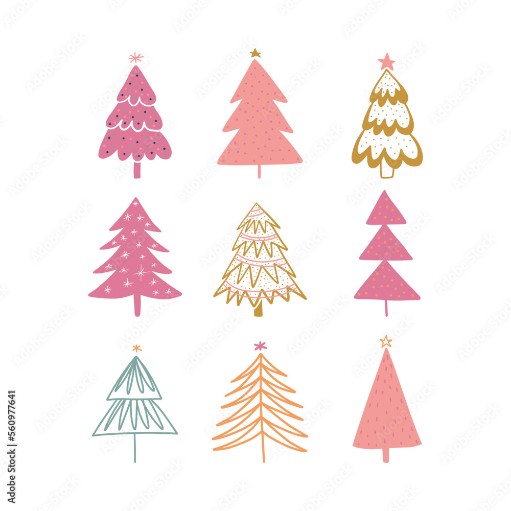 Hand drawn set of Christmas trees. Holidays modern background. Abstract doodle drawing woods. Vector art illustration Hand drawn set of Christmas trees. Holidays modern background. Abstract doodle drawing woods. Vector art illustration