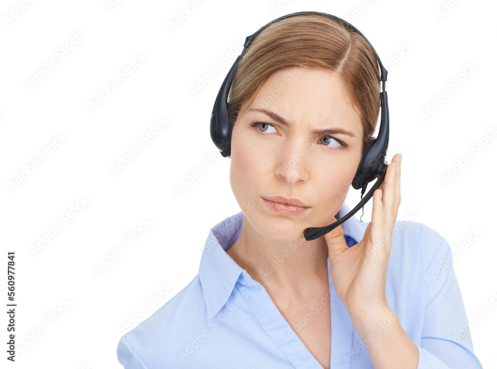 Thinking, customer service and face of woman at call center in studio isolated on white background mock up. Crm, ideas and doubt of female telemarketer, consultant or sales agent listening on headset Thinking, customer service and face of woman at call center in studio isolated on white background mock up. Crm, ideas and doubt of female telemarketer, consultant or sales agent listening on headset