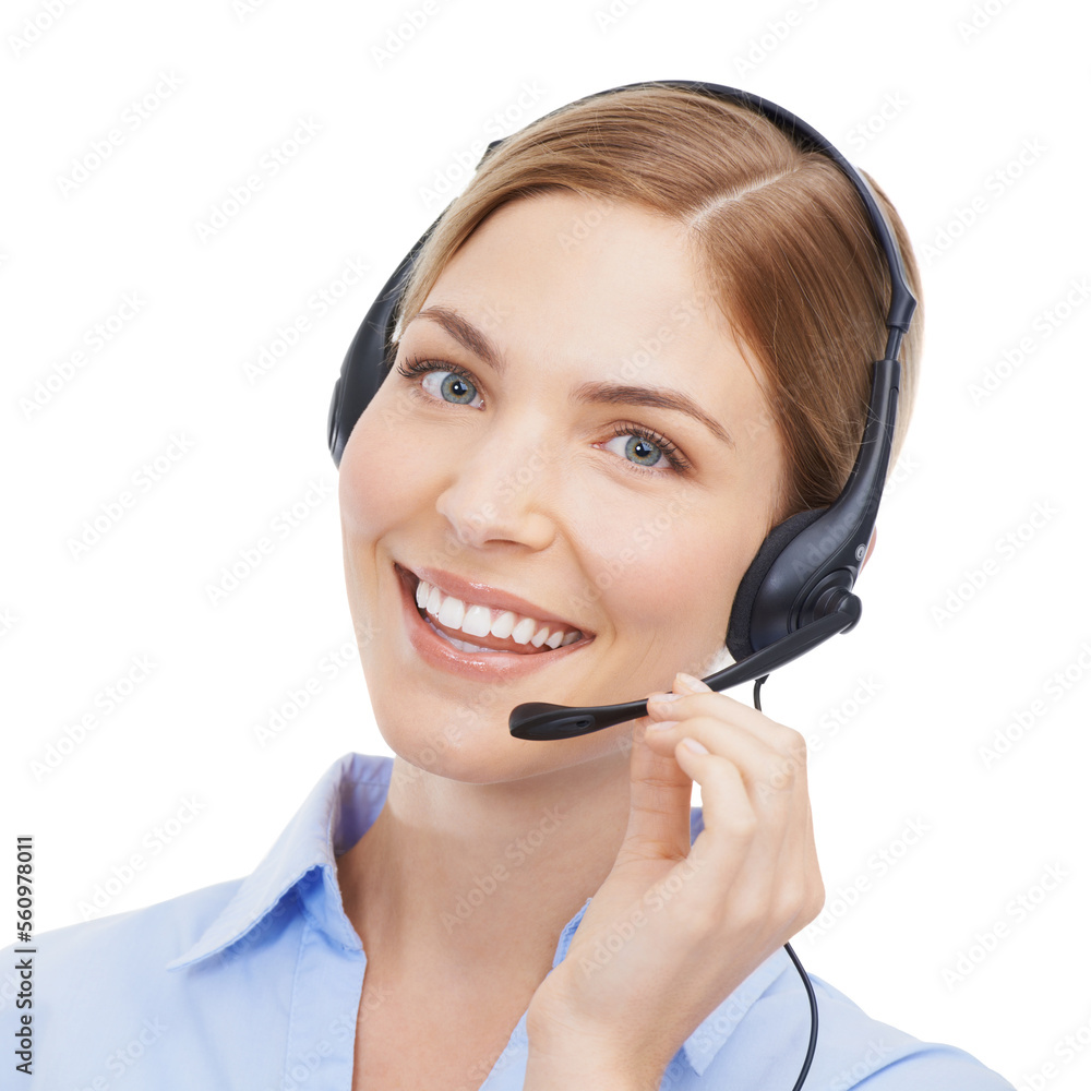 Customer service, face portrait and woman at call center in studio isolated on white background. Crm, contact us and smile of happy female telemarketing worker, consultant or sales agent from Canada. Customer service, face portrait and woman at call center in studio isolated on white background. Crm, contact us and smile of happy female telemarketing worker, consultant or sales agent from Canada.