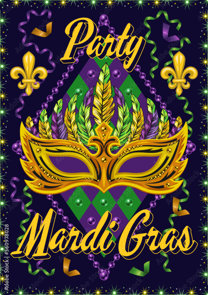 Vertical carnaval poster with yellow mask, ribbons, beads, text, fleur de lis. Design for Mardi Gras carnival, party in vintage style. Detailed illustration
