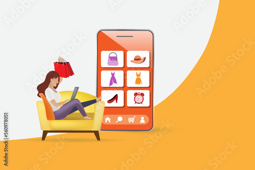 Woman online shopping on smartphone app. For advertising, promotion campaign template and digital marketing.