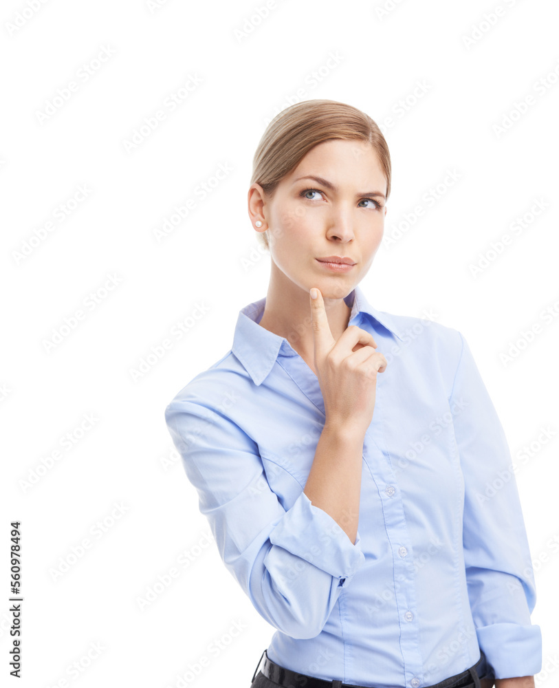Thinking, business woman and space for advertising on a white background with ideas, decision or solution. Face of a female entrepreneur in studio planning vision or idea for startup marketing Thinking, business woman and space for advertising on a white background with ideas, decision or solution. Face of a female entrepreneur in studio planning vision or idea for startup marketing