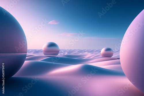 Reflective gleaming giant glass balls lying in the desert  their pink hue glimmering in the sun. Surrealism.