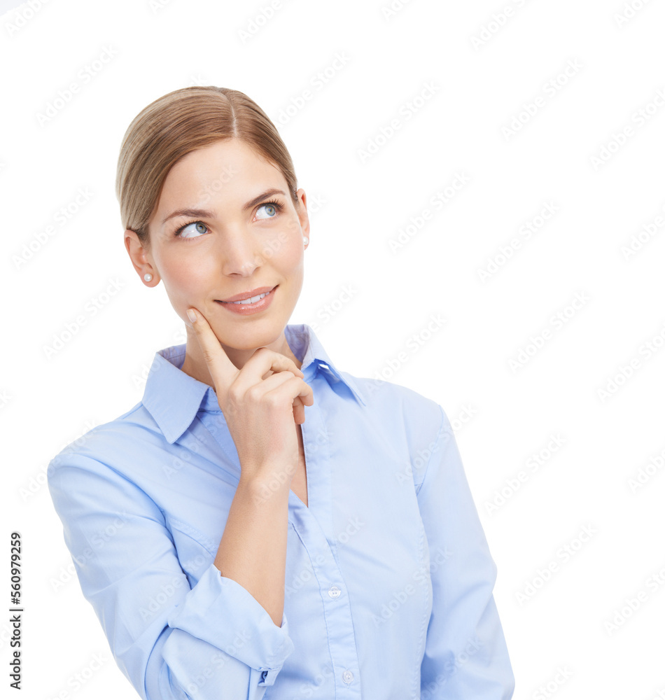 Business woman, thinking and space for an idea on a white background with a smile and vision. Face of a female entrepreneur in studio brainstorming ideas, decision or solution startup marketing Business woman, thinking and space for an idea on a white background with a smile and vision. Face of a female entrepreneur in studio brainstorming ideas, decision or solution startup marketing