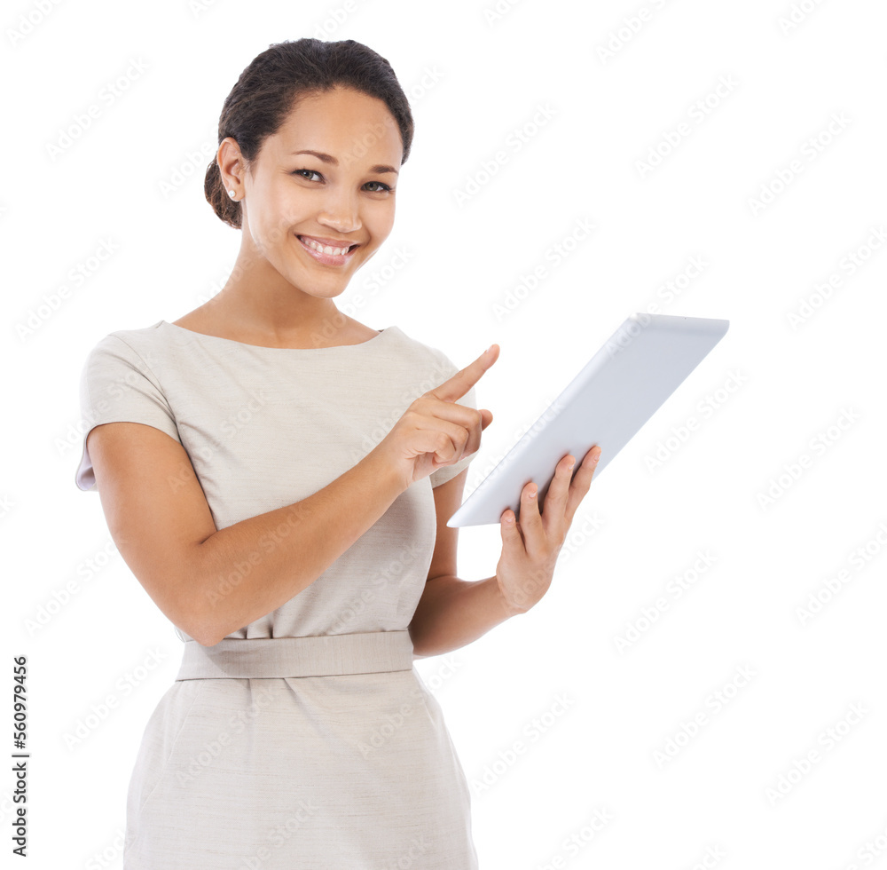 Portrait, digital tablet and business woman planning in studio, young and professional on white background. Black woman, entrepreneur and working girl on online app for management, thinking and email Portrait, digital tablet and business woman planning in studio, young and professional on white background. Black woman, entrepreneur and working girl on online app for management, thinking and email