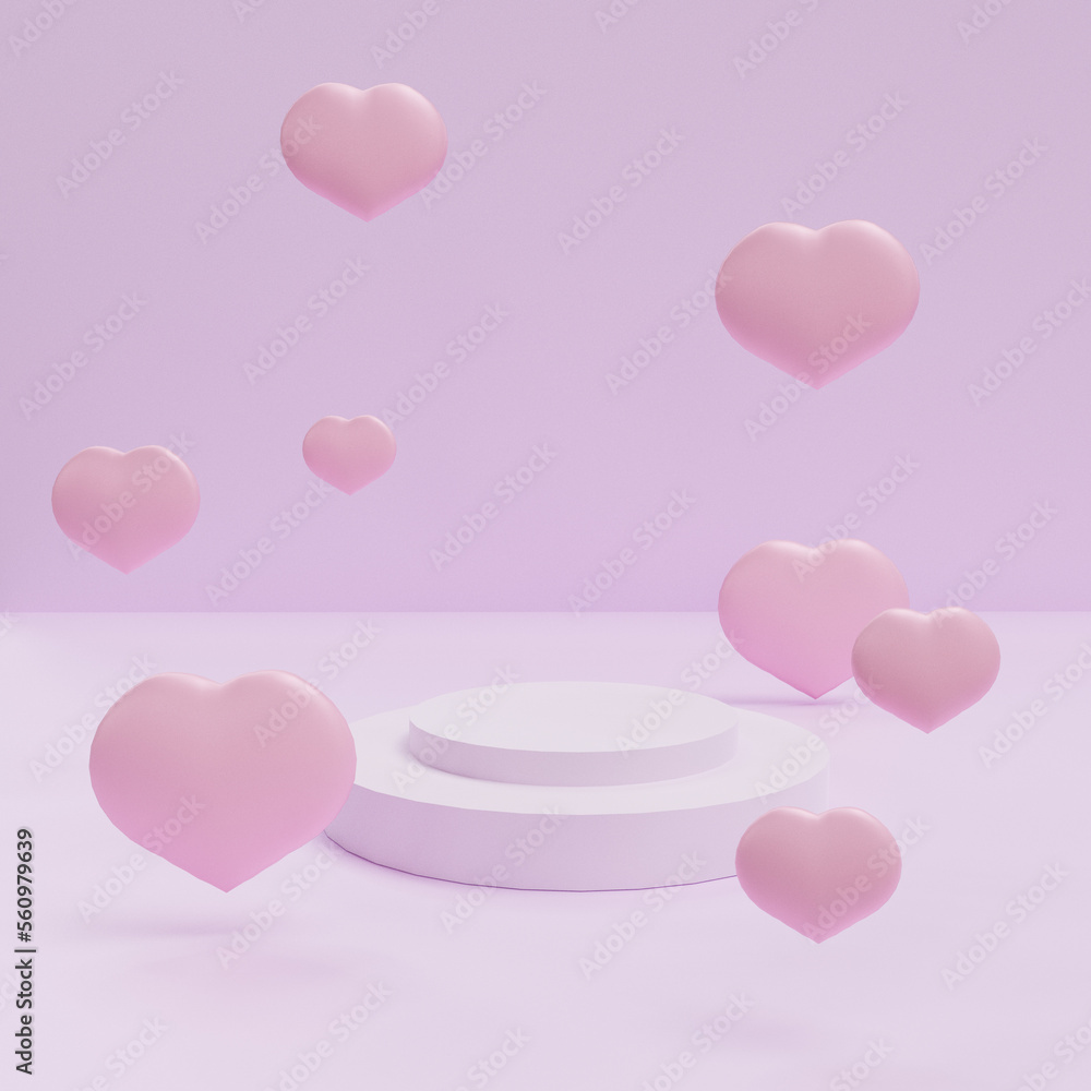 Pink hearts on a pink background. Podium with hearts flying in the air. Valentine's Day, Mother's Day, Wedding.  Mock up. Pedestal or platform for beauty products. 3D render
