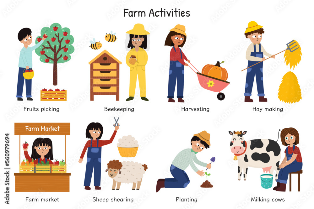 Farm activities set with cute kids farmers. Cute characters doing gardening and agricultural work. Harvesting, beekeeping, sheep shearing, planting and more. On the farm collection vector illustration