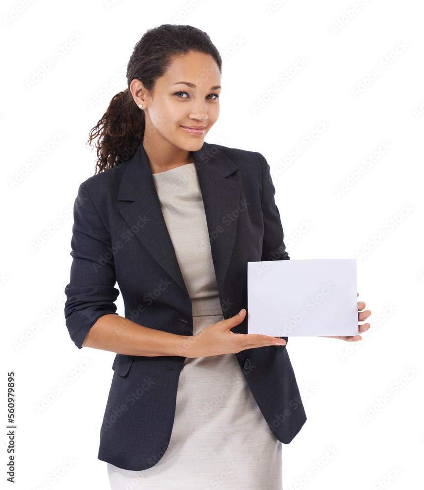 Mockup, portrait and black woman with poster for marketing campaign or lady isolated on white studio background. African American female ceo, boss or entrepreneur with business sign, brand or placard Mockup, portrait and black woman with poster for marketing campaign or lady isolated on white studio background. African American female ceo, boss or entrepreneur with business sign, brand or placard