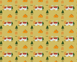Autumn seamless pattern with county house and halloween pumpkins vector