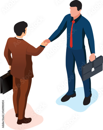 Two business people handshaking. Business deal and agreement. Vector illustration isometric design