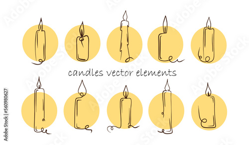 Vector set burning fire candle continuous line drawing silhouette vector image logo icon icon
