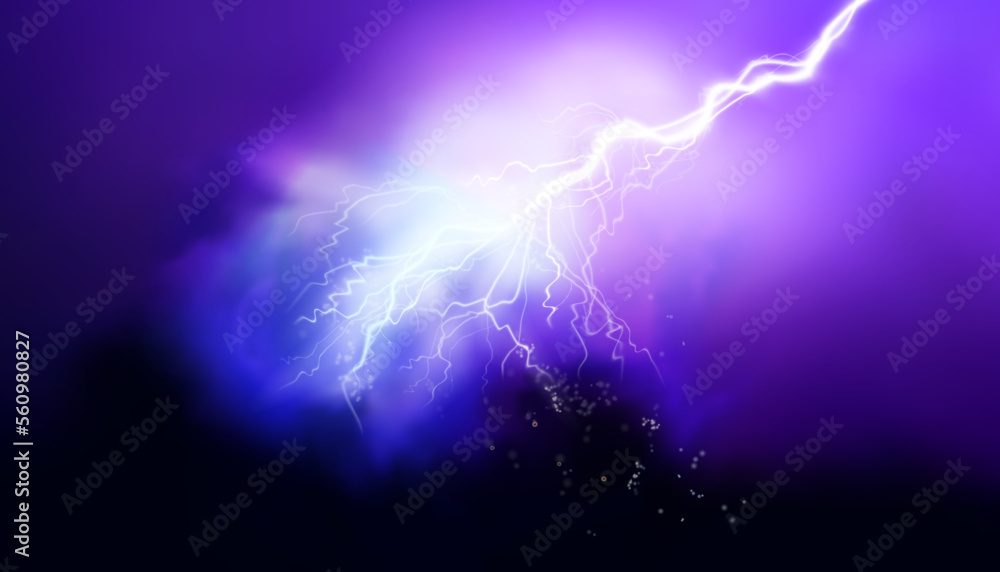 Lightning, thunderstorm at night. Electrical energy. Light effects. Vector illustration.