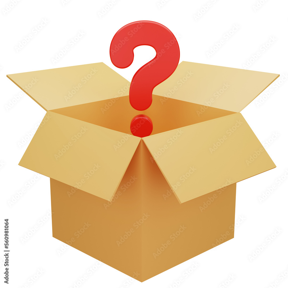 Cardboard box with question mark product help 3D illustration Stock