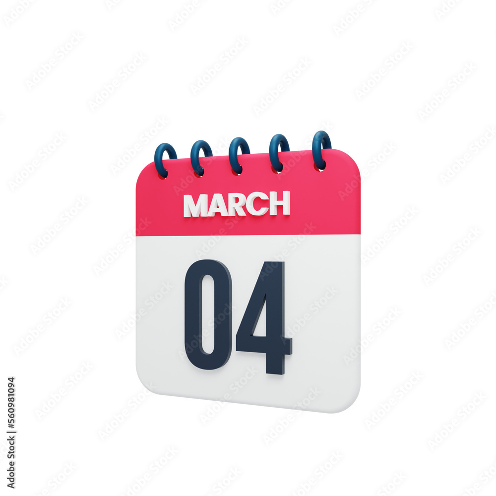 March Realistic Calendar Icon 3D Illustration Date March 04 March Realistic Calendar Icon 3D Illustration Date March 04