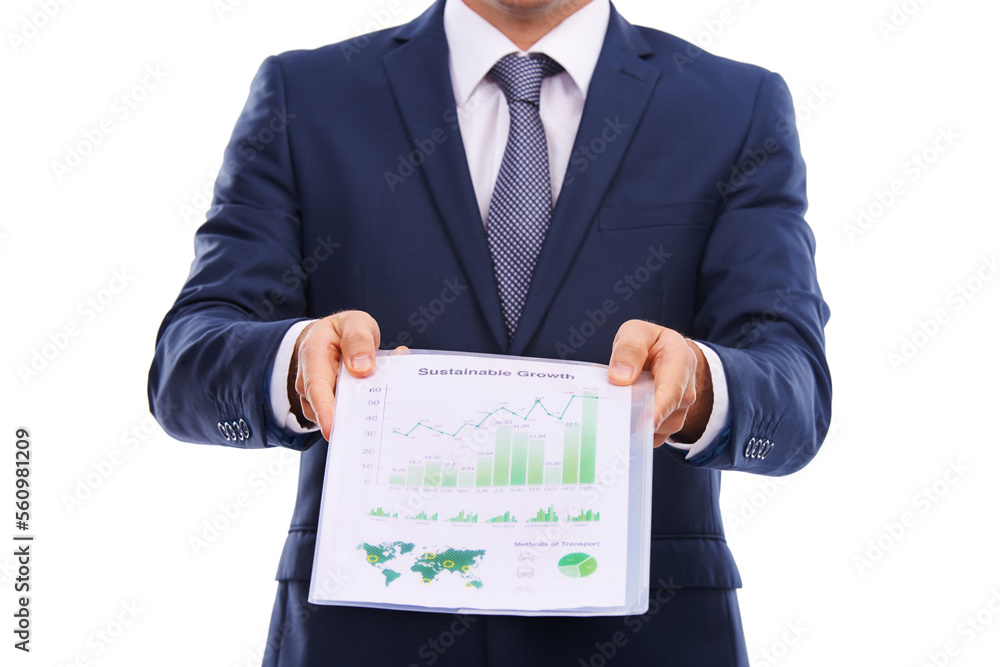 Business man show document graph in studio mockup on sustainable growth, data analytics or finance stats. Portfolio or paper of profit, revenue and green, corporate chart isolated on white background Business man show document graph in studio mockup on sustainable growth, data analytics or finance stats. Portfolio or paper of profit, revenue and green, corporate chart isolated on white background