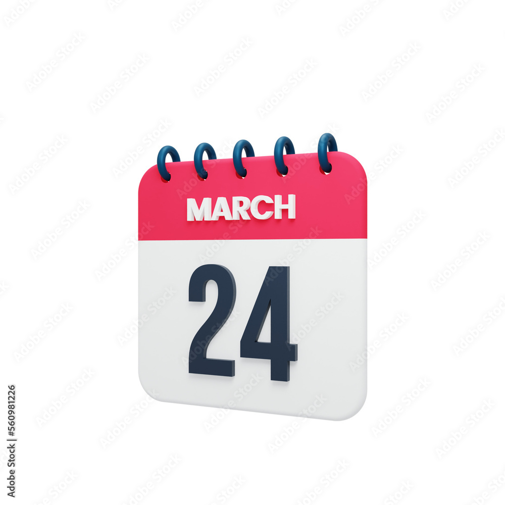 March Realistic Calendar Icon 3D Illustration Date March 24 March Realistic Calendar Icon 3D Illustration Date March 24