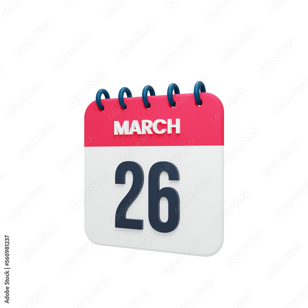 March Realistic Calendar Icon 3D Illustration Date March 26 March Realistic Calendar Icon 3D Illustration Date March 26