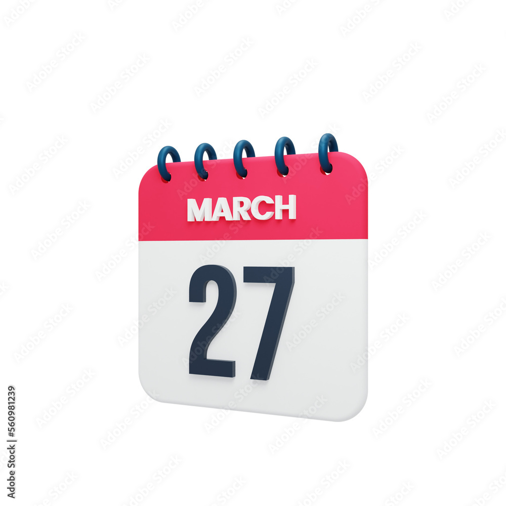 March Realistic Calendar Icon 3D Illustration Date March 27 March Realistic Calendar Icon 3D Illustration Date March 27