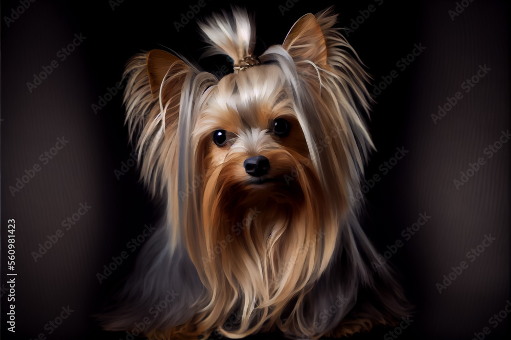 Beautiful Yorkshire Terrier dog portrait in front of dark background. Beautiful Yorkshire Terrier dog portrait in front of dark background.