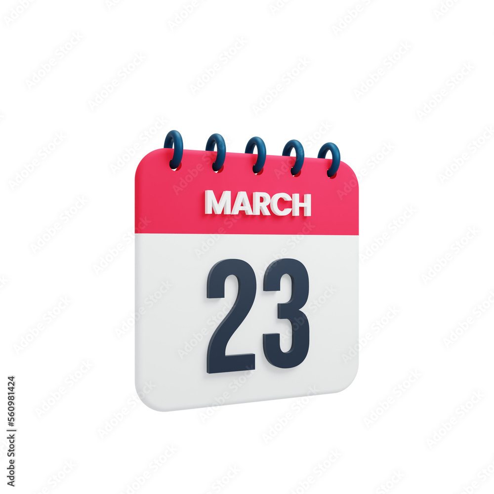 March Realistic Calendar Icon 3D Illustration Date March 23 March Realistic Calendar Icon 3D Illustration Date March 23
