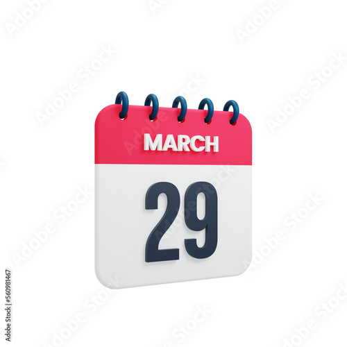 March Realistic Calendar Icon 3D Illustration Date March 29