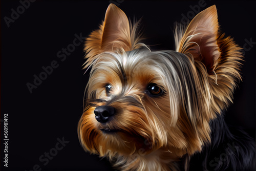 Beautiful Yorkshire Terrier dog portrait in front of dark background.