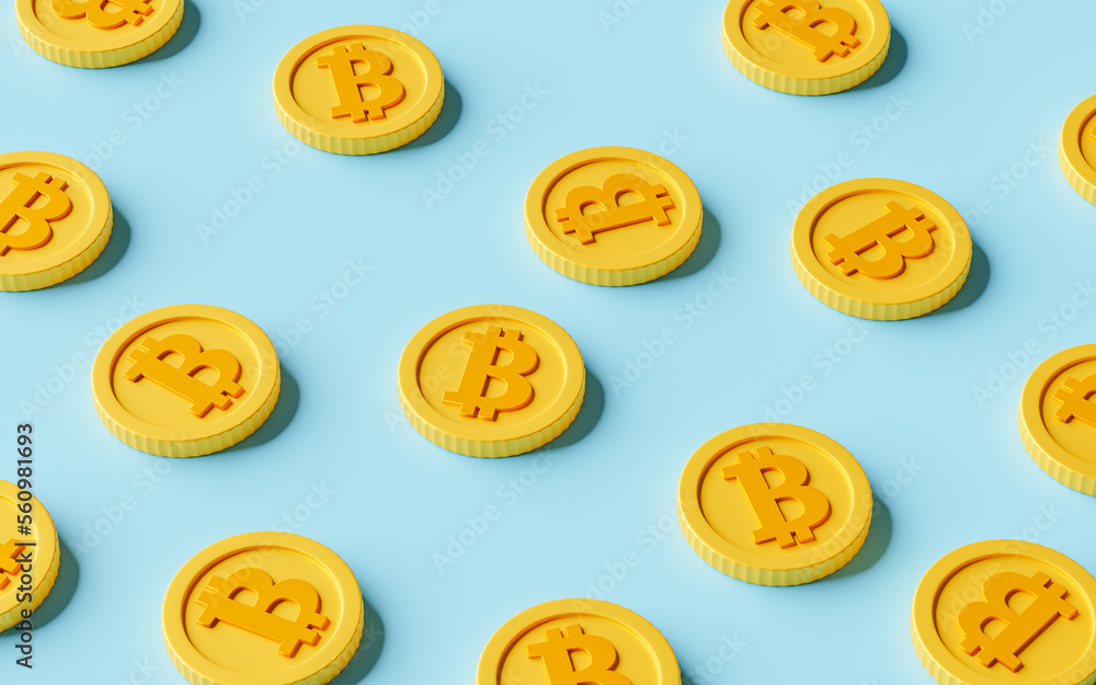 Bitcoin coins on a green background. 3d render Bitcoin coins on a green background. 3d render